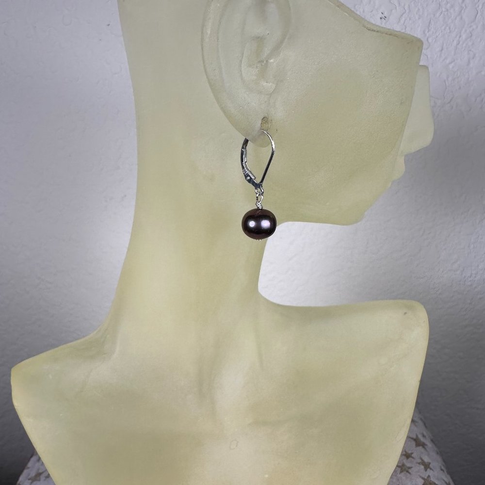 NEW Genuine Dark Pearl on 925 Silver Lever Back Dangling Earrings